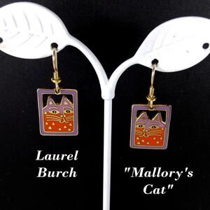 Vintage Laurel Burch "Mallory's Cat" Drop Earrings, Gold Plated